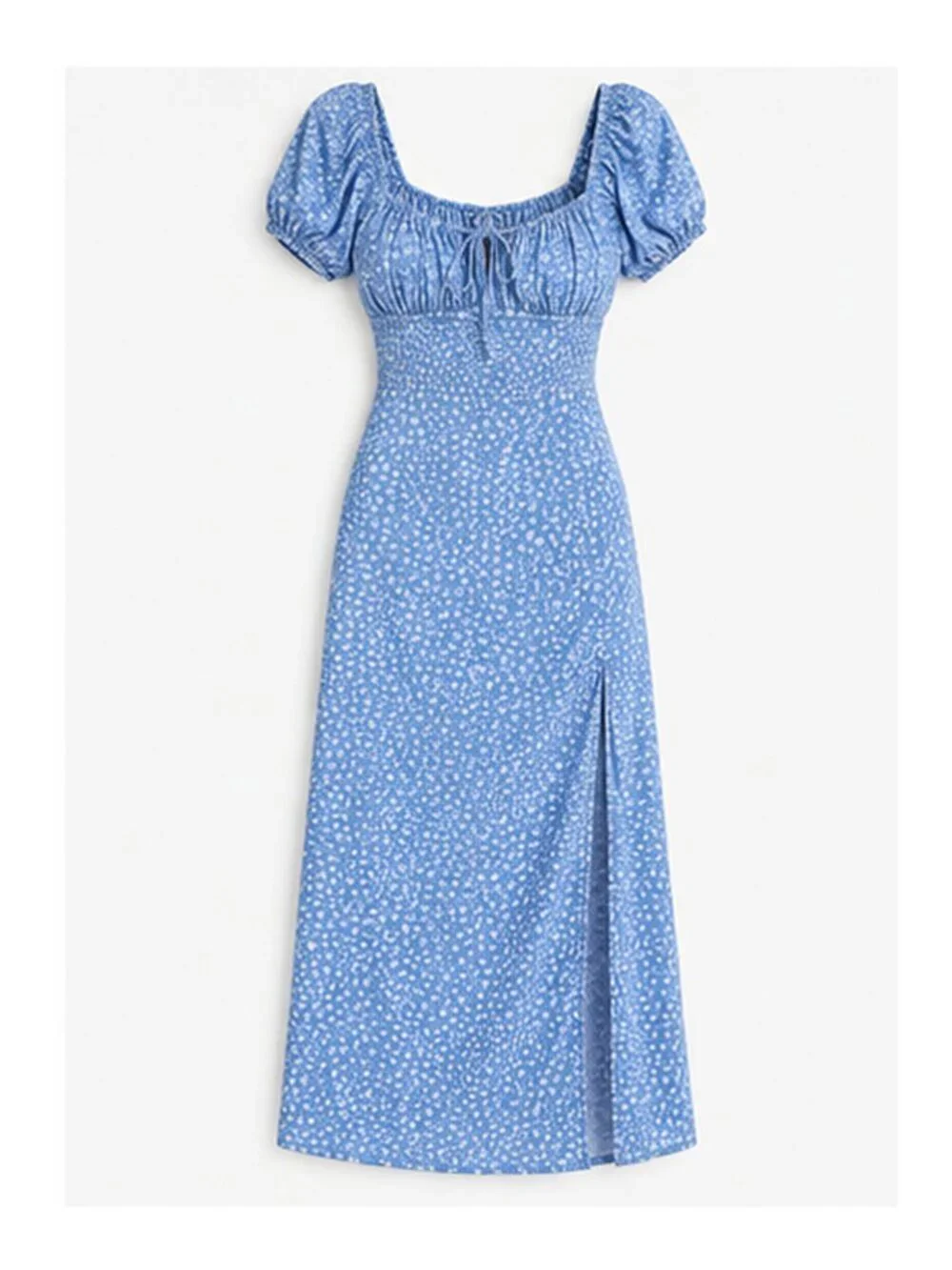 NA-KD Light Blue Floral Puff Sleeve Ruched Midi Dress Side Slit 6 S